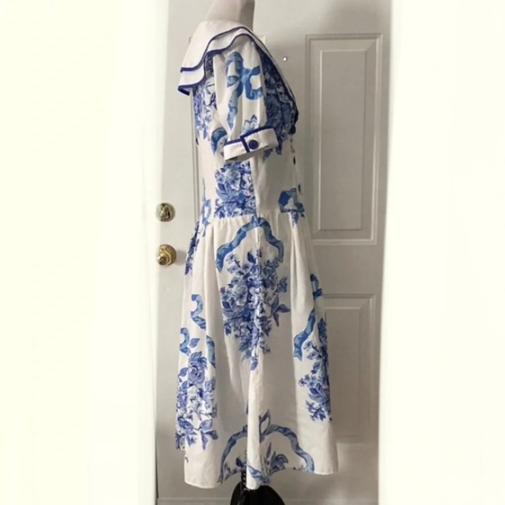 Vintage Sunshine Starshine 80s Toile Porcelain chinoiserie  dress button front - Picture 4 of 11